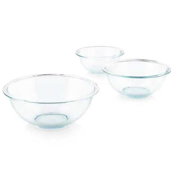 Pyrex Smart Essentials 3-Piece Prepware Mixing Bowl Set, 1-Qt, 1.5-Qt ,and 2.5-Qt Glass Mixing Bowls, Dishwasher, Microwave and Freezer Safe