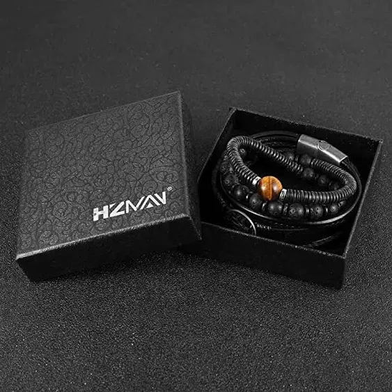 HZMAN Genuine Leather Tree of life Bracelets Men Women Tiger Eye Natural Stone Lava Rock Beads Ethnic Tribal Elastic Bracelets Wristbands