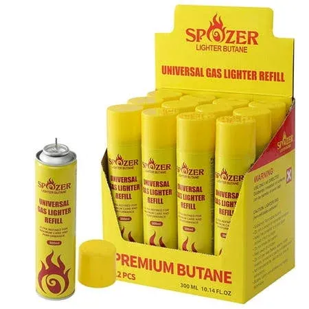 Spozer Butane Lighter Gas Fuel Refill 12 Cans Refined 300ML 10.14Oz Cartridges