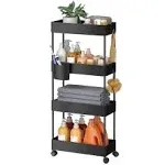 Slim 4 Tier Rolling Utility Cart for Bathroom, Kitchen, Laundry Room and Office - Black