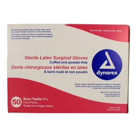 Dynarex 2365 Latex Surgical Glove - Powder Free, Sterile, Size 6.5