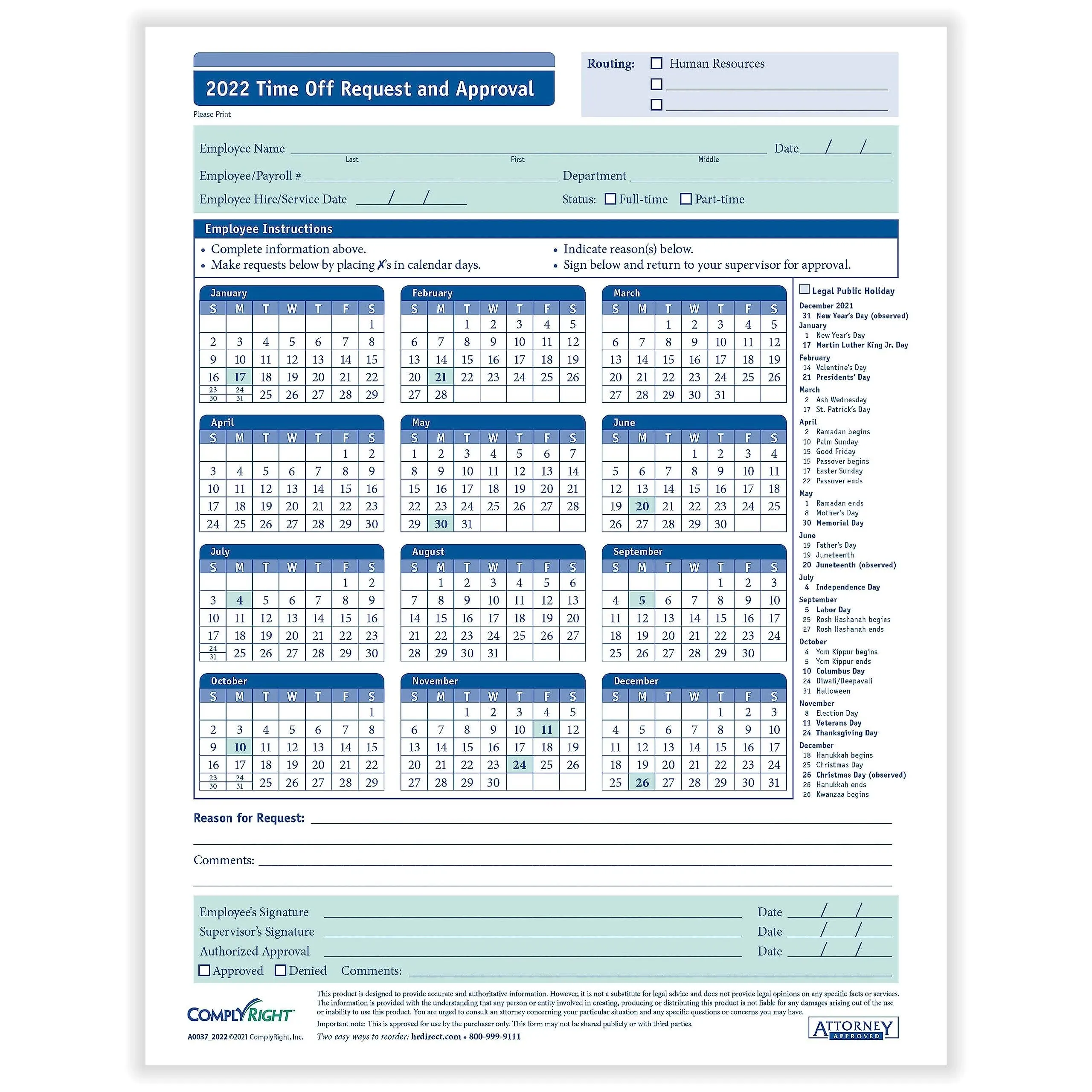 ComplyRight 8 1/2" x 11" 2025 1-Part Time Off Request and Approval Form A0037 - 50/Pack