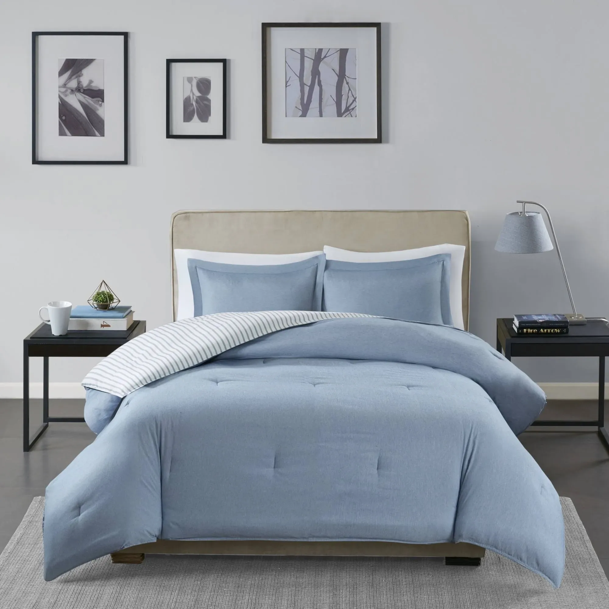 Madison Park Hayden Reversible Stripe Down Alternative Comforter Mini Set - Blue - Twin