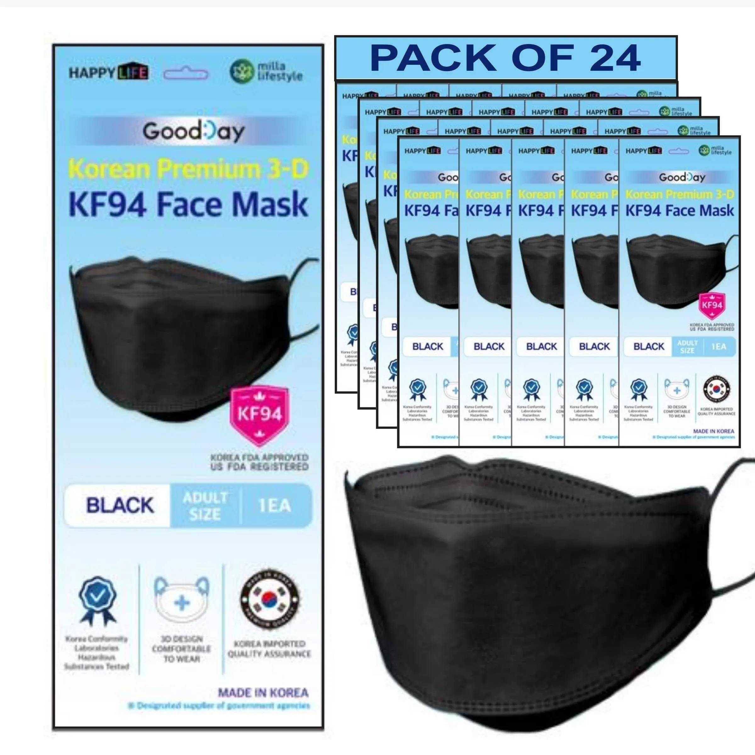 FLEXMON [Happy Life] Premium 3D Black KF94 Face Mask, Good Day, Individual Pack Made in Korea (24)