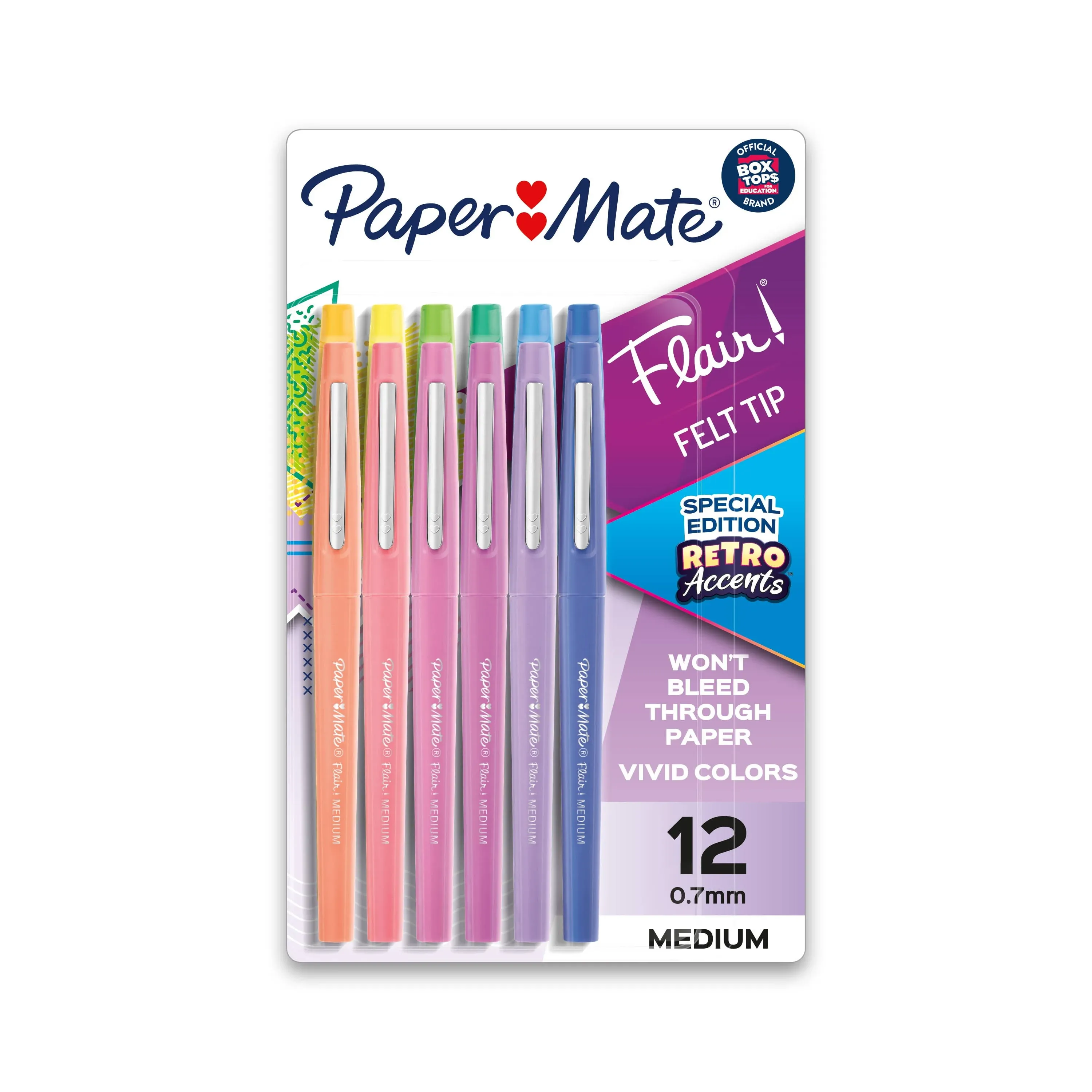 Flair Felt Tip Pens, Medium Point (0.7mm), Assorted, Retro Accents, 12 Count