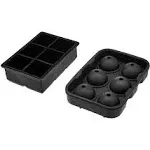 AmazonCommercial Silicone Rectangular Ice Cube Tray, Set of 2 with Sqaure, Ball Shape Mold, Black