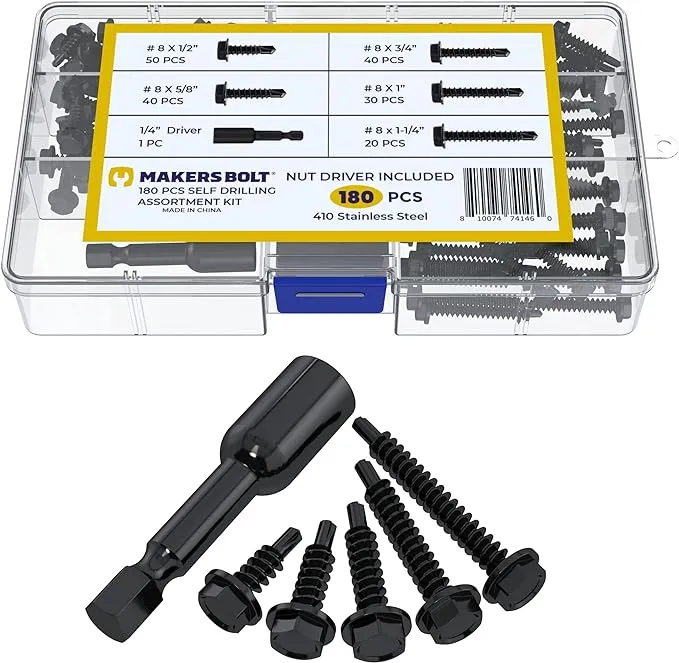 Self Tapping Screws for Metal, Assortment Pack with Driver (180 pcs) Black Oxide 410 Stainless Steel, #8 Diameter, 1/2" to 1-1/4" Length