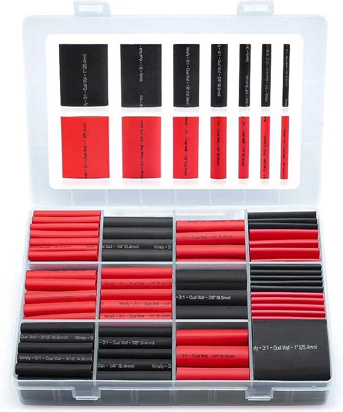 Wirefy Heat Shrink Tubing Kit - Larger Diameter - 3:1 Dual Wall Tube - Adhesive Lined - Marine Shrink Tubing - Black, Red - 200 PCS