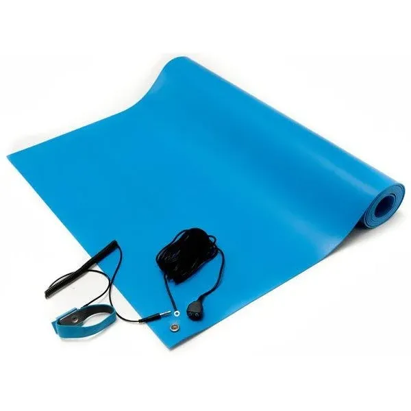 Bertech ESD Anti-Static Table Mat Kit, 2 Ft x 4 Ft, Blue, Includes an ESD Wrist Strap and ESD Grounding Cord, MADE IN USA