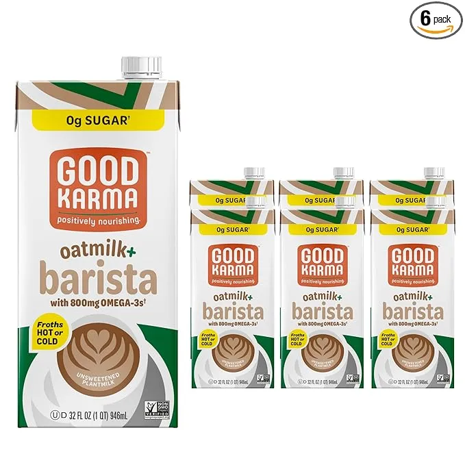 Good Karma Unsweetened Oatmilk + Barista Blend, 32 Ounce (Pack of 6), 800mg Omega -3s, Plant-Based Non-Dairy Milk Creamer Alternative with Oats,