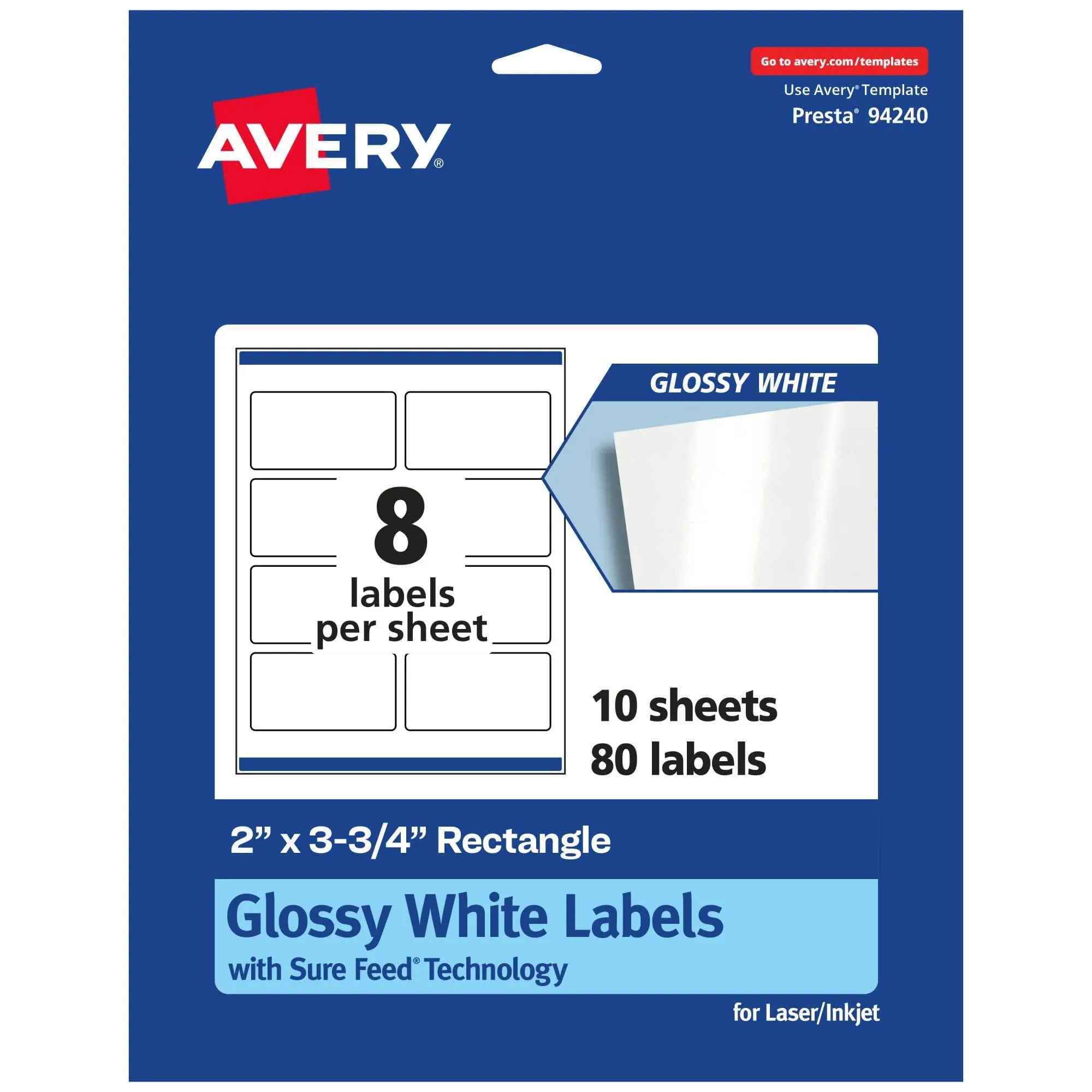 Avery Glossy White Rectangle Labels with Sure Feed, 2" x 3.75", 80 Glossy White ...