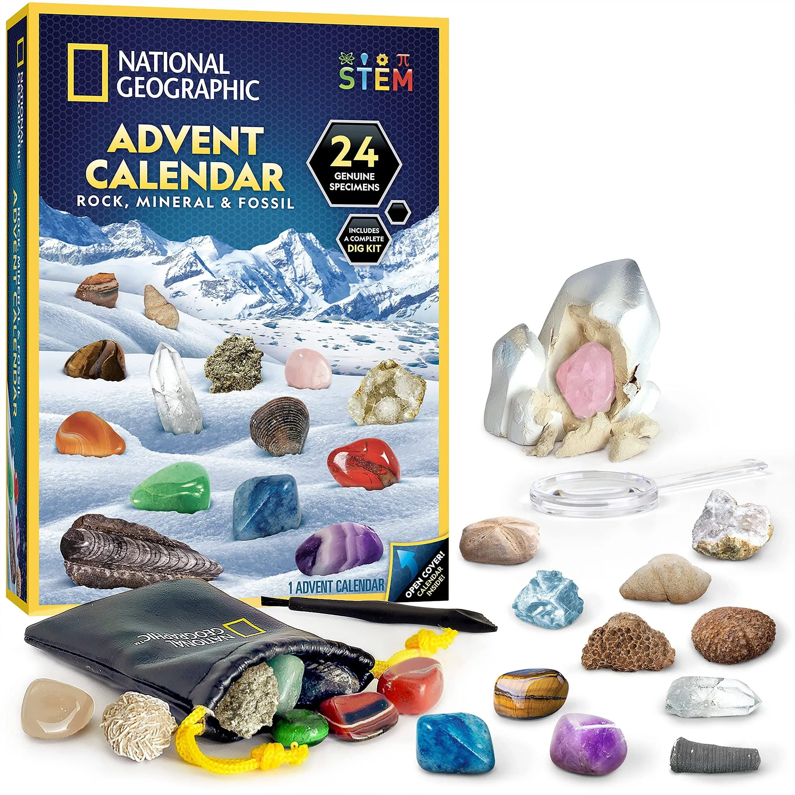 National Geographic Rock Collection Advent Calendar 2024 - Advent Calendar for Kids with 24 Gemstones, Minerals & Fossils for Kids, Complete Gem & FOS