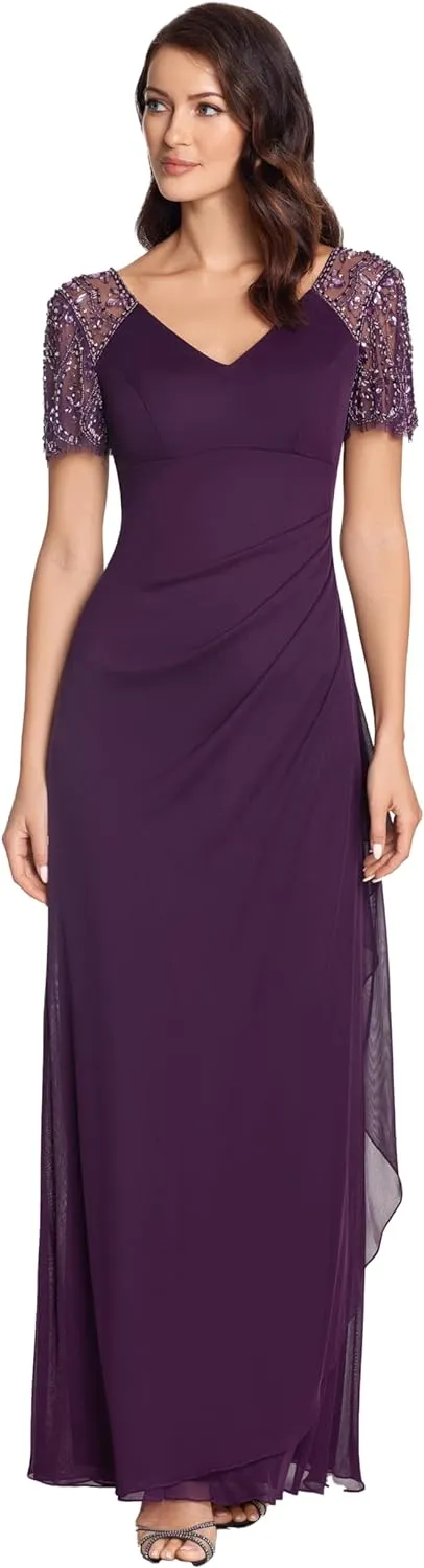 Xscape Petite "Lana" Long V-Neck Beaded Flutter Sleeve Dress