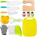 Leking 13 Pcs Wooden Kids Kitchen Knife, Kids Knife Set with Gloves Cutting Board Bear Sandwich Cutter Fruit Vegetable Cutters Serrated Edges Plastic Knifes for Real Cooking Kid Safe Knives