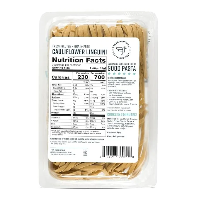 Cauliflower Linguini | Grain-Free, Gluten-Free, Kosher | Fresh Pasta | Cooks in Just 3 Minutes | Taste Republic | Frozen | 9oz (Pack of 6)