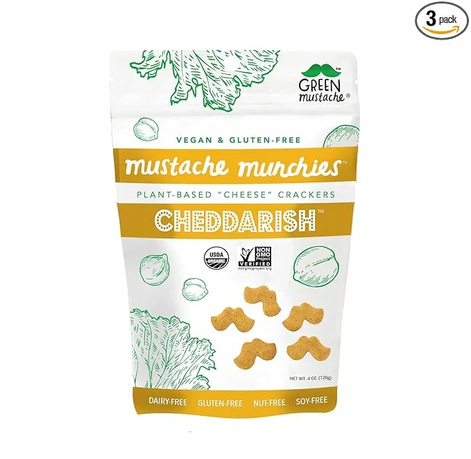 Mustache Munchies Organic Baked CHEDDARISH Crackers | Vegan, Gluten Free, Plant-Based Cheese Snack | 4 ounce, 3 count