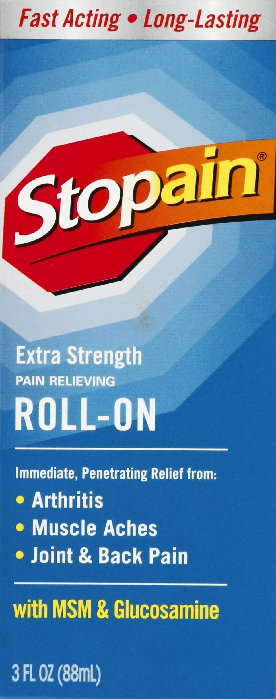 Stopain Pain Relief Roll On Gel 3oz (2 Pack) USA Made, Max Strength Fast Acting with MSM, Glucosamine, Menthol for Arthritis, Lower Back, Knee, Neck, HSA FSA Approved Topical Analgesic Products