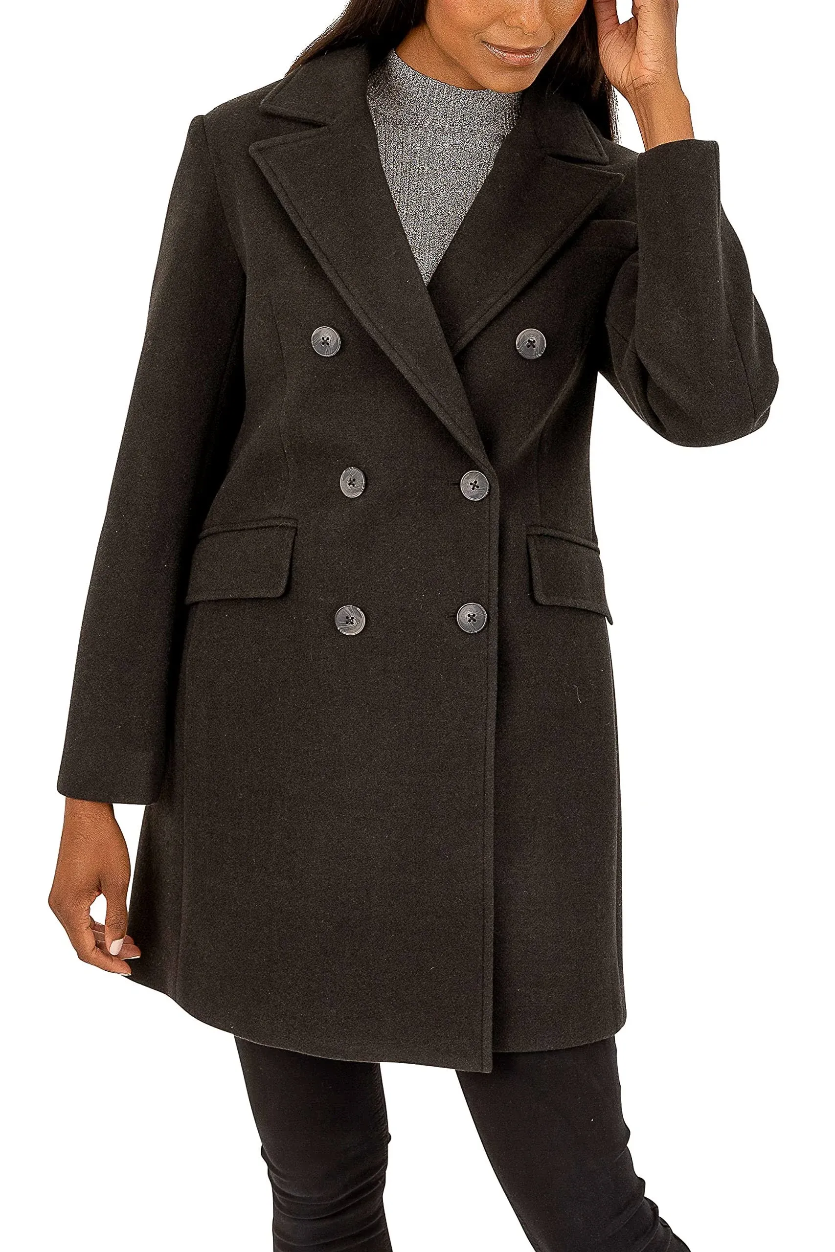 Kensie Women's Textured Double Breasted Peacoat - Black - Size M