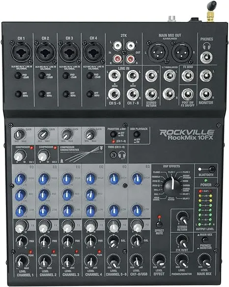 Rockville ROCKMIX 10FX 10 Chan Mixer USB Computer Recording Interface+Effects