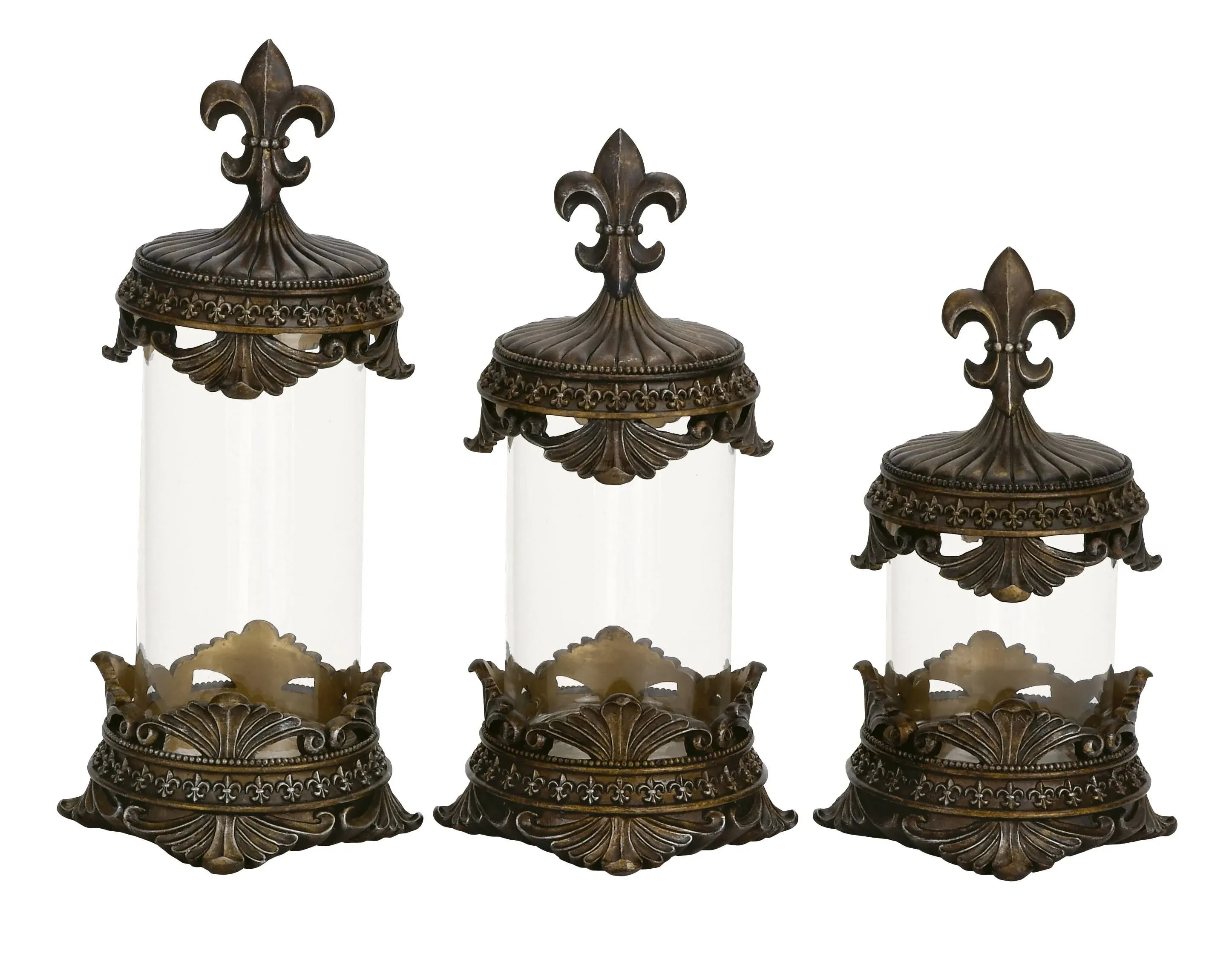 Deco 79 Polystone Canisters with Fleur De Lis Lids, Set of 3 17", 15", 13"H, Brass