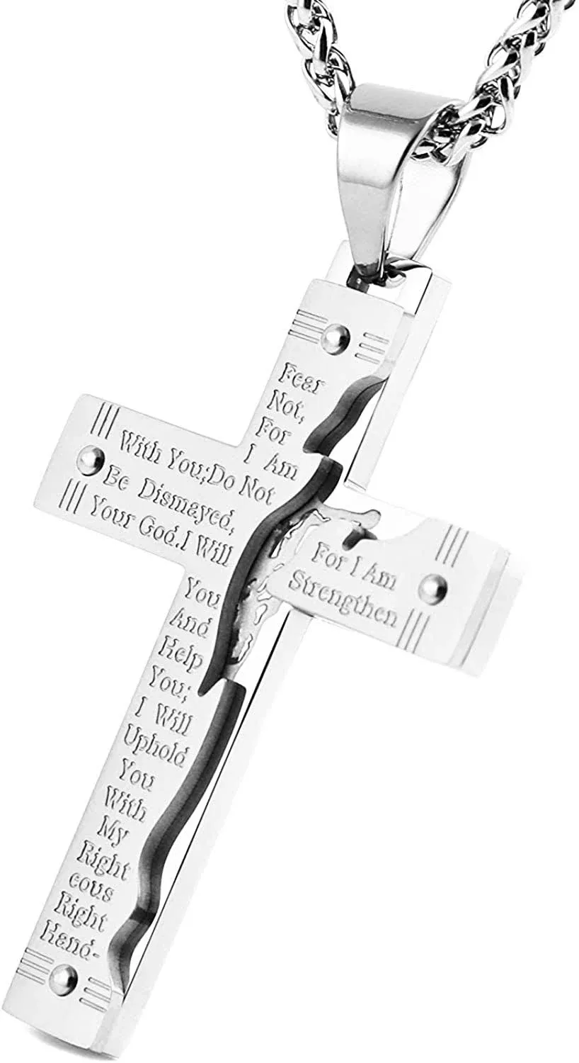 HZMAN Men's Stainless Steel Jesus Christ Crucifix Cross Lord's Prayer Pendant Necklace