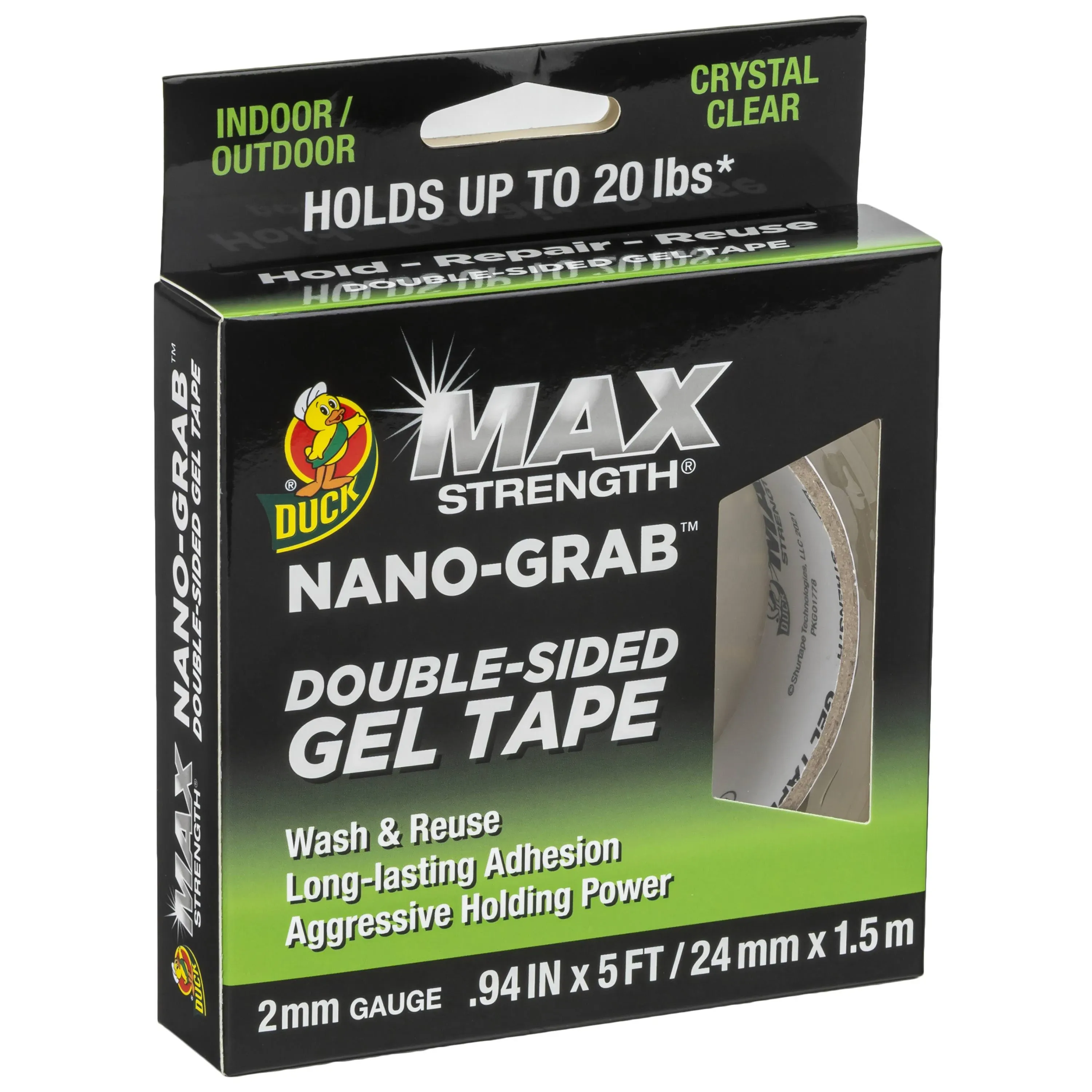 Duck Max Strength Nano-Grab Double-Sided Gel Tape, 0.94" x 5 ft, Clear