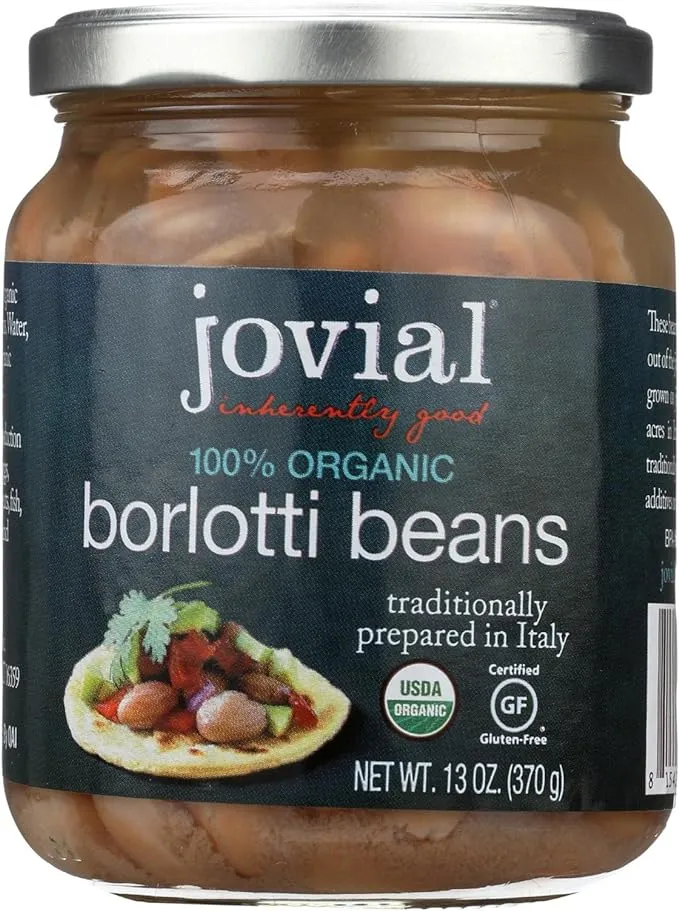 Jovial 100% Organic Borlotti - Borlotti, Organic Borlotti, No Saturated Fat, Gluten Free, Recyclable Glass, Great Source of Fiber, No Additives or Preservatives, Product of Italy - 13 Oz, 6 Pack