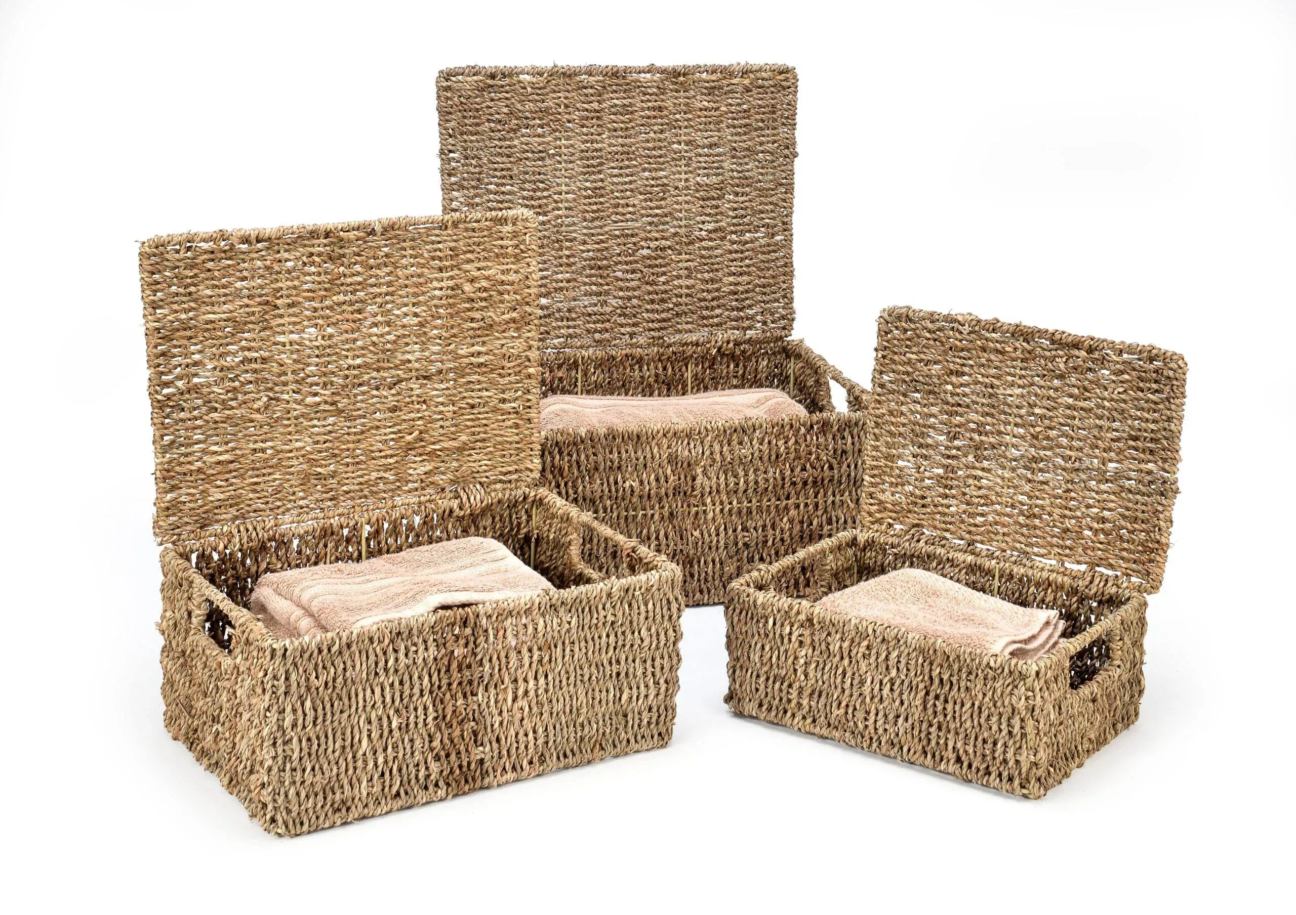 Set Of 3 Small Rectangular Seagrass Baskets By Trademark Innovations With Lids.