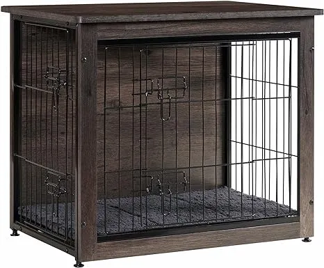 DWANTON Dog Crate Furniture with Cushion, Wooden Dog Crate Table, Double Doors Dog Furniture, Indoor Dog Kennel, Dog House, Dog Cage Medium, 32.5" L