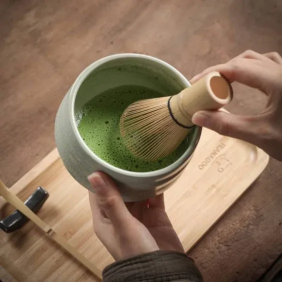 TEANAGOO Japanese Matcha Ceremony Accessory, Matcha Whisk (Chasen), Traditional Scoop (Chashaku), Tea Spoon, Blue Celadon Whisk Holder,I2, The Perfect Set to Prepare a Traditional Cup of Matcha.