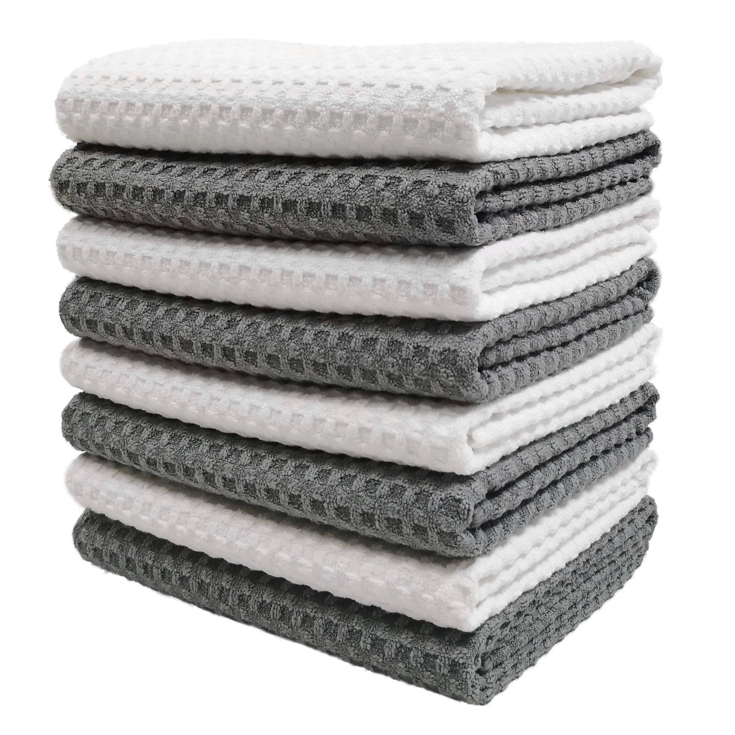 Mainland Textiles LLC POLYTE Ultra Premium Microfibre Kitchen Dish Tea Towel Waffle Weave, 8 Pack (40x71 cm, Grey, White)