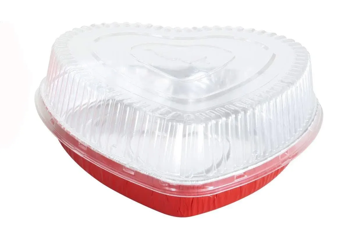 KitchenDance.c<wbr/>om Disposable Red Aluminum Heart Shaped Cake Pan 8&#034; Size w/Lid ...