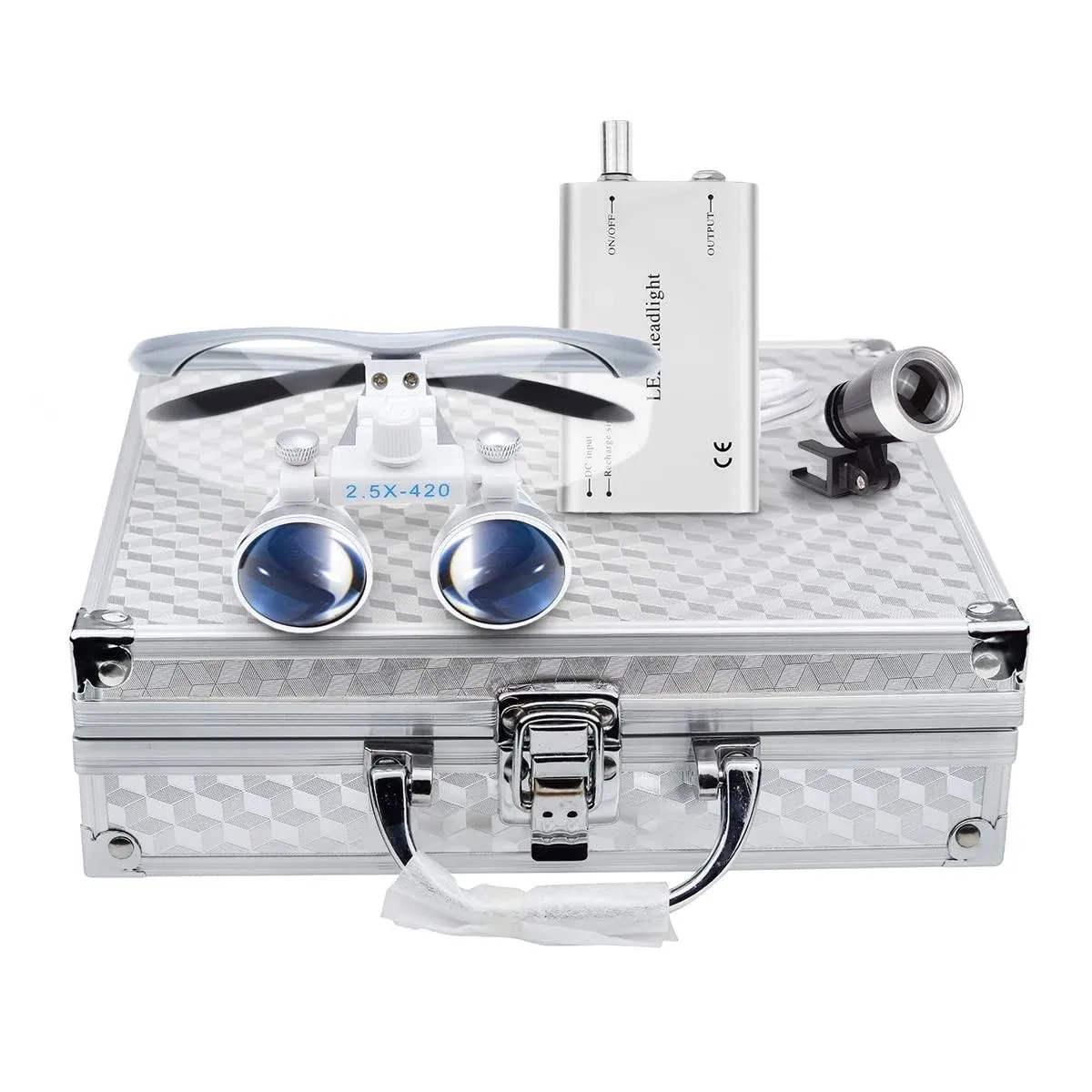 Dental Surgical 2.5X420mm Binocular Loupes + 3W LED Head Light Lamp + Aluminu...