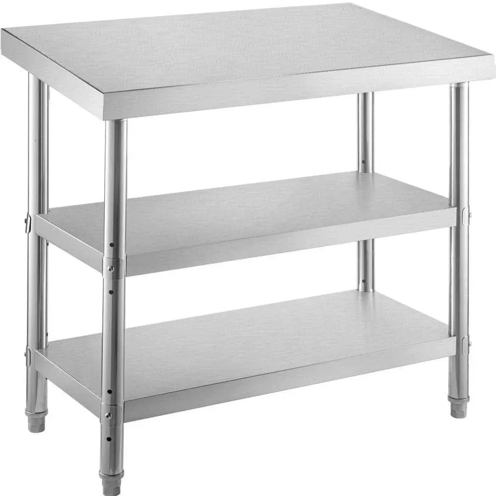 VEVOR 48 x 18 x 33 in. Commercial Stainless Steel Table 2 Adjustable Undershelf BBQ Prep Table Silver