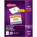 Avery - Clip-Style Name Badge Holder with Laser/Inkjet Insert, Top Load, 4 x 3, White, 100/Box