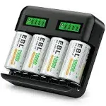 EBL LCD Rechargeable Battery Charger for Ni-MH AA AAA C D Rechargeable Batteries with Rechargeable D Batteries - 4 Pack