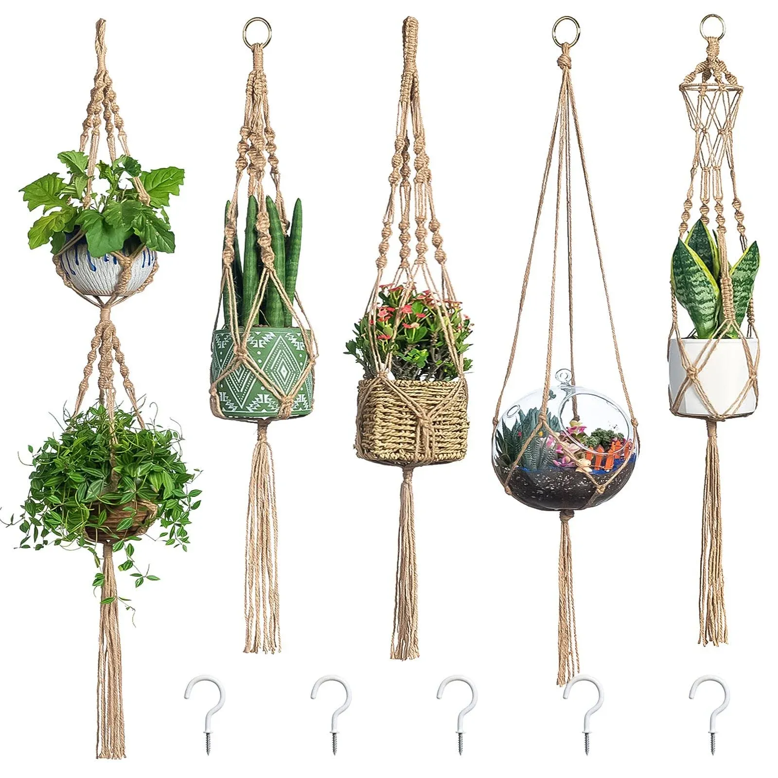 Macrame Plant Hanger, 5pcs Jute Plant Hanger Indoor with 5pcs Hooks, Handmade Weave Hanging Plant Holder for Indoor Outdoor Boho Home Décor