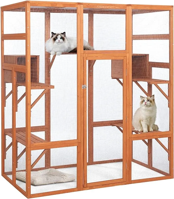 Large Cat House Outdoor Catio - Cat Play & Run Enclosures Indoor Kitty Window Cage with Waterproof Roof, 7 Platforms & 2 Resting Box, UV Resistant, 62