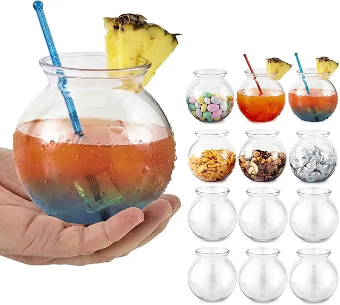 Small Round Plastic Fish Bowls for Parties (12 Pack) 16 oz Clear Mini Drink Bowl, Shatterproof Fishbowl Glasses for Drinks, Centerpieces, Decorations, Goldfish Pond Carnival Game, Centerpiece Vases