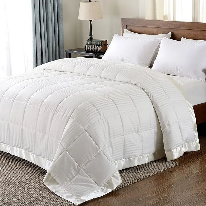 downluxe Lightweight Queen Down Alternative Blanket with Satin Trim, Ivory, 90 X 90 Inch