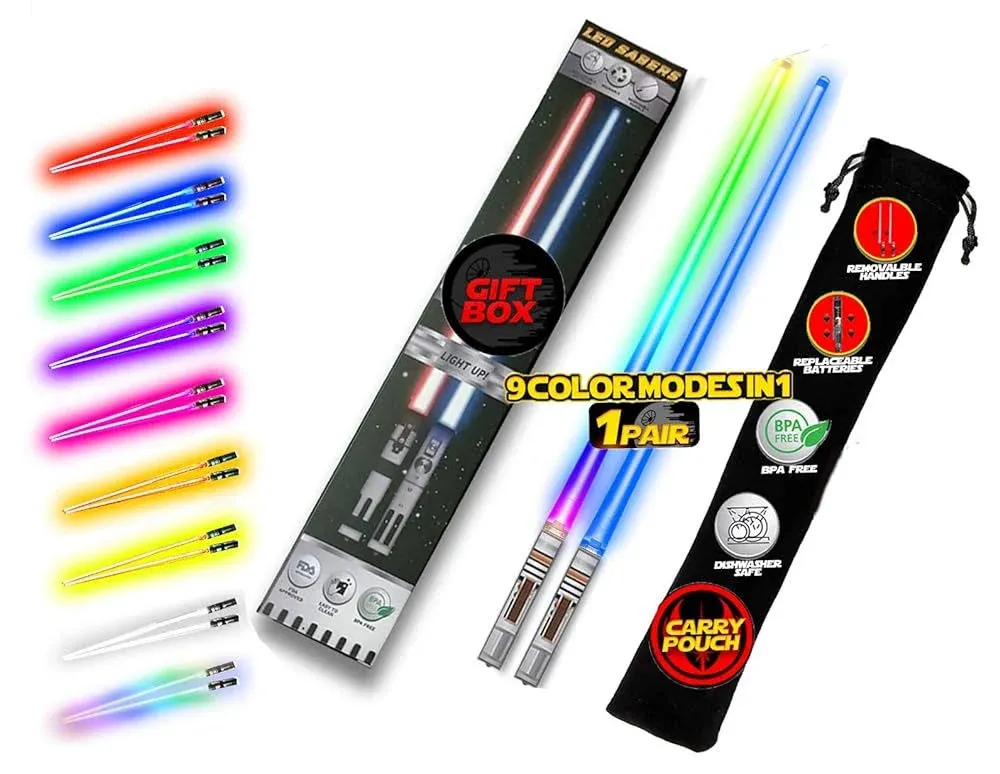 LIGHTSABER CHOPSTICKS LIGHT UP STAR WARS LED Glowing Light Saber Chop Sticks REUSABLE Sushi Lightup Sabers Removable Handle Dishwasher Safe 8 Color Modes 1 Pair