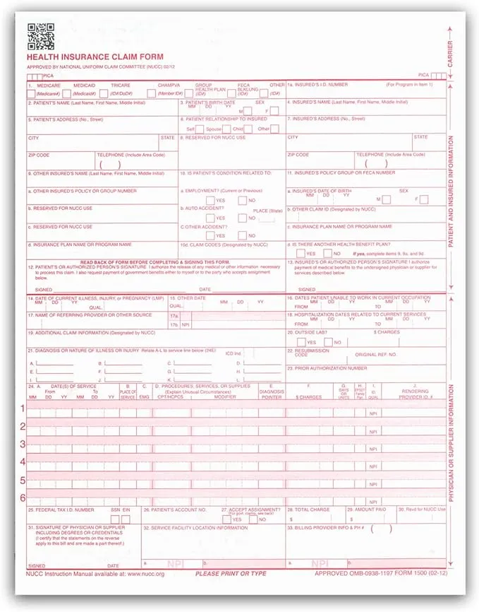 New CMS 1500 Claim Forms - HCFA (Version 02/12) 1000 per Box