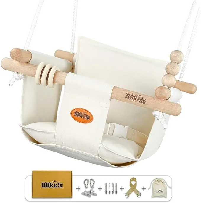  Indoor Baby Swing, Canvas Baby Swing, Wooden Hammock Hanging Swing Seat Chair 