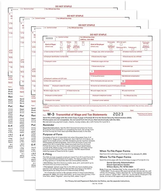 Fentasy W3 Forms 2023, 10 Form W-3 Summary Laser Forms for Transmittal of Wage and Tax Statements,Compatible with QuickBooks and Accounting software, 10 Pack