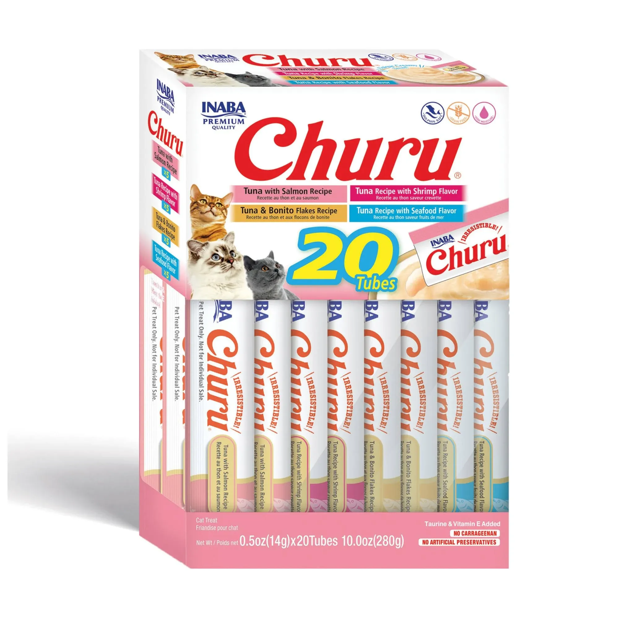 INABA Churu Cat Treats, Grain-Free, Lickable, Squeezable Creamy Purée Cat Treat/Topper with Vitamin E & Taurine, 0.5 Ounces Each Tube, 20 Tubes, Seafood Variety Box