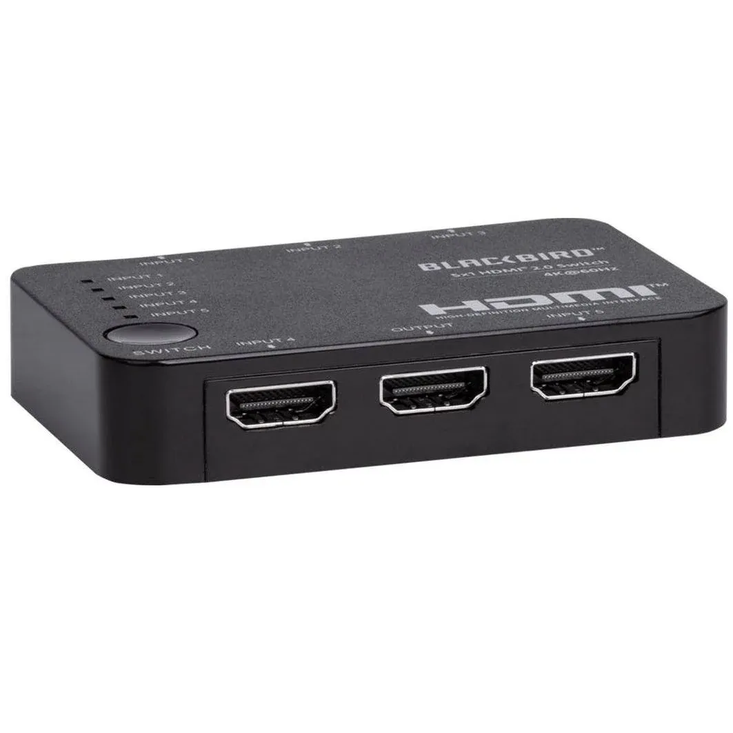 Monoprice 4K 5x1 HDMI 2.0 Switch - 4K@60Hz, Dolby Vision, HDR, HDR10, Hybrid Log-Gamma, 18Gbps, HDCP 2.2, HDMI 2.0, USB Powered, with IR Remote Control - Blackbird Series