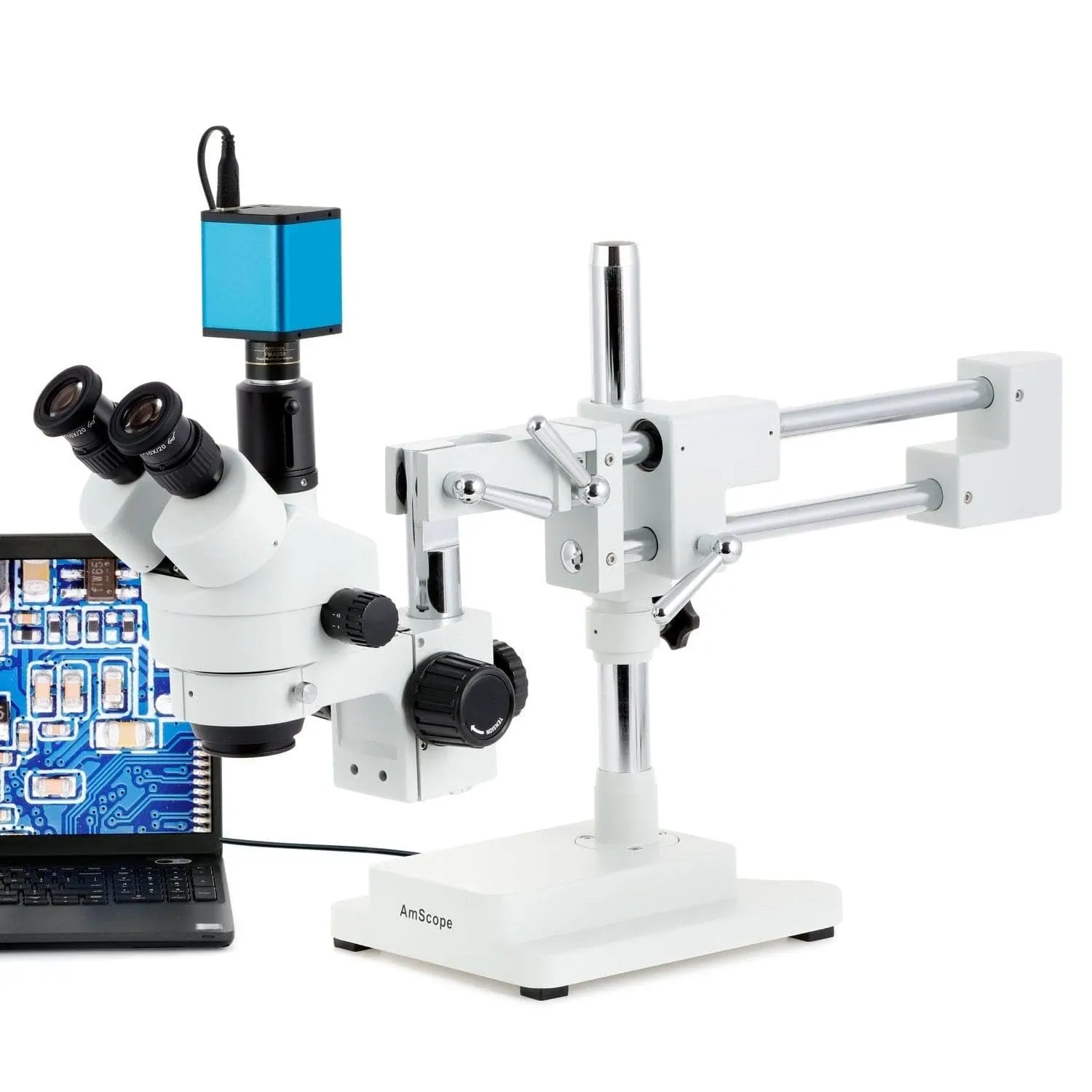 7X-45X Simul-Focal Stereo Zoom Microscope on Dual Arm Boom Stand Amscope