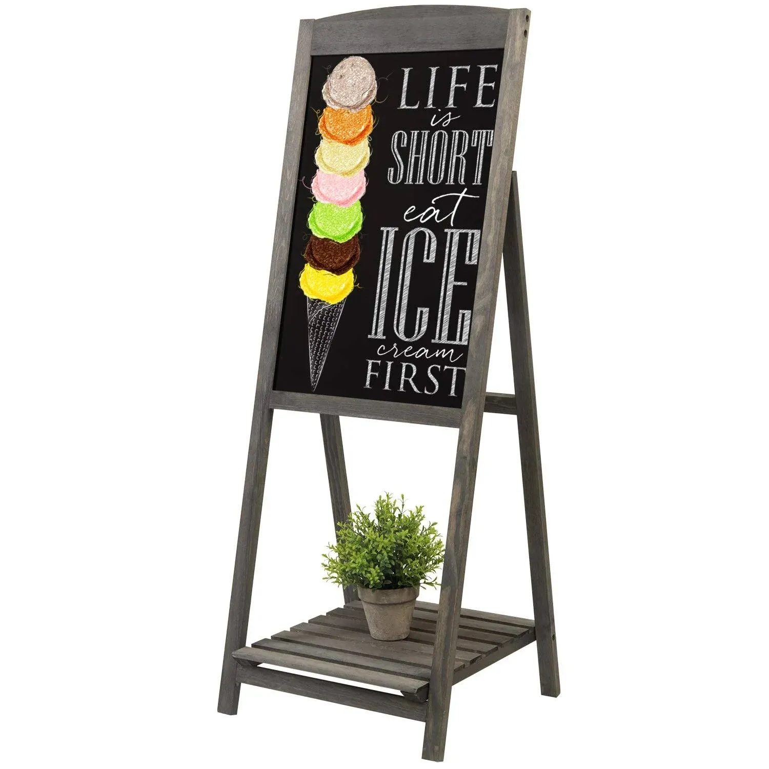 45-inch Gray Wood A-Frame Sidewalk Chalkboard Menu Sign w/ Bottom Display Shelf