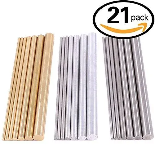 Glarks 21pcs 3 Sets of Metals Round Rod Lathe Bar Stock for DIY Craft Tool, Diameter 2mm - 8mm, Length 100mm, Metals Include Brass, Stainless Steel, Aluminum