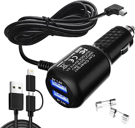 Car Charger for Garmin Nuvi, Garmin GPS Charger Cable,Mini USB Power Cord Cable Dual Port USB Vehicle Power Charging Cable Cord for Garmin Nuvi C255 Dashcam